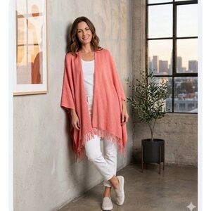 Mer-Sea Classic Travel Wrap Sunset Pink Fringe Open Front Poncho Shawl One Size